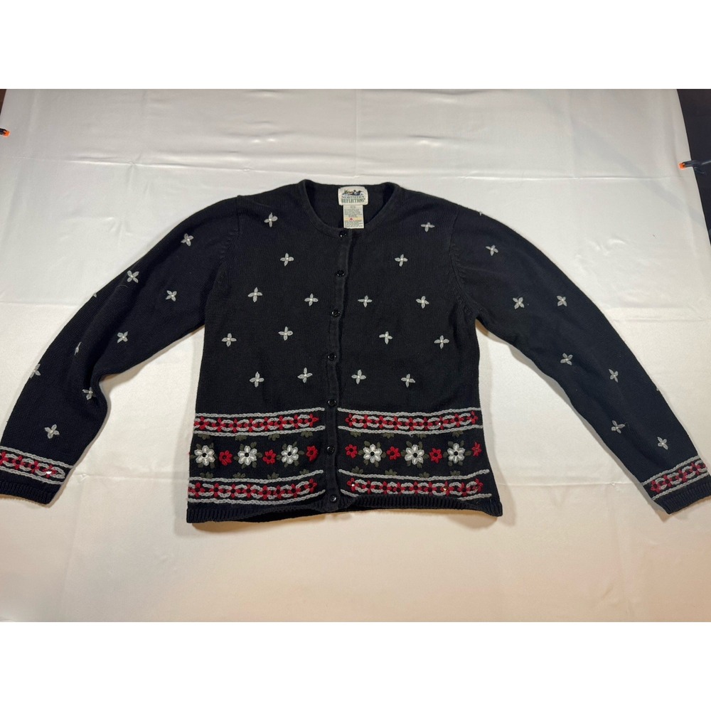 Northern Reflections Black‎ Floral Embroidered Cardigan Vintage Sweater M